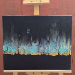 Handmade Abstract Black and Teal Canvas Art Painting 16×20